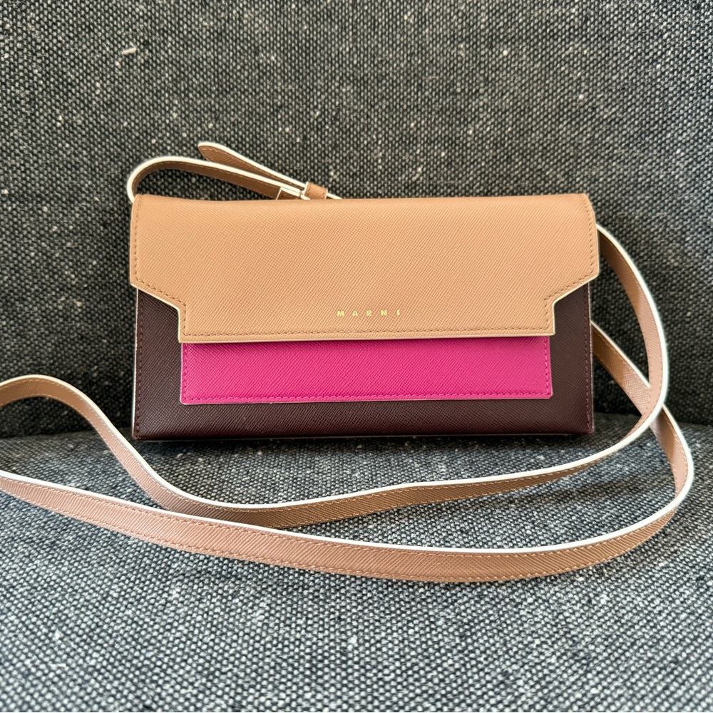 Marni Tan, Pink, and Brownish Burgundy Accordion Crossbody Pochette Bag